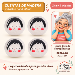 DC024-20 Cuentas de madera – Carita dormida de mejillas rojas – 2 cm – 4 unidades