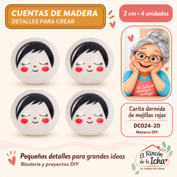Cuentas de madera – Carita dormida de mejillas rojas – 2 cm – 4 unidades