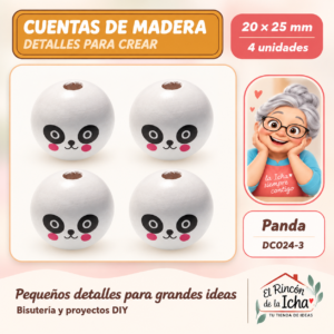 DC024-3 Cuentas de madera con carita – Panda – 20 × 25 mm – 4 unidades