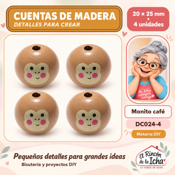 Cuentas de madera con carita – Monito café – 20 × 25 mm – 4 unidades