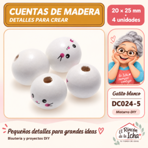 DC024-5 Cuentas de madera con carita – Gatito blanco – 20 × 25 mm – 4 unidades