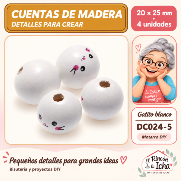 Cuentas de madera con carita – Gatito blanco – 20 × 25 mm – 4 unidades