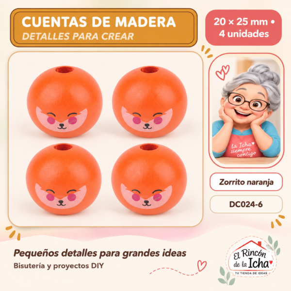 Cuentas de madera con carita – Zorrito naranja – 20 × 25 mm – 4 unidades