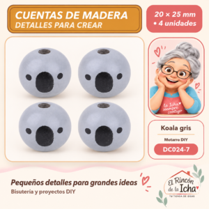 DC024-7 Cuentas de madera con carita – Koala gris – 20 × 25 mm – 4 unidades