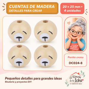 DC024-8 Cuentas de madera con carita – Perrito crema – 20 × 25 mm – 4 unidades