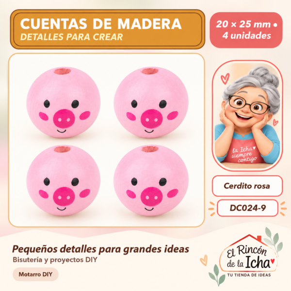 Cuentas de madera con carita – Cerdito rosa – 20 × 25 mm – 4 unidades
