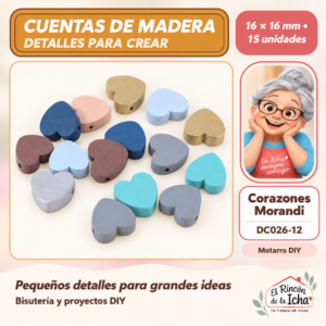 DC026-12 Cuentas de madera – Corazones Morandi – 16 × 16 mm – 15 unidades