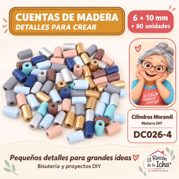 Cuentas de madera – Cilindros Morandi – 6 × 10 mm – 80 unidades