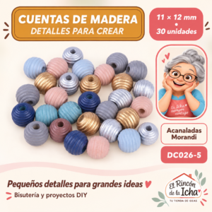 DC026-5 Cuentas de madera – Acanaladas Morandi – 11 × 12 mm – 30 unidades
