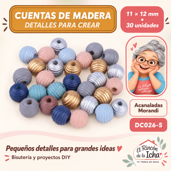 Cuentas de madera – Acanaladas Morandi – 11 × 12 mm – 30 unidades