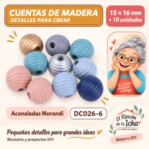 DC026-6 Cuentas de madera – Acanaladas Morandi – 15 × 16 mm – 10 unidades