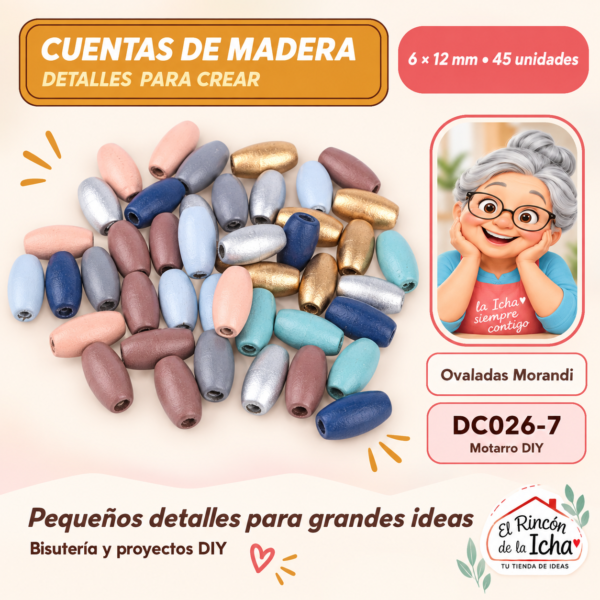 Cuentas de madera – Ovaladas Morandi – 6 × 12 mm – 45 unidades