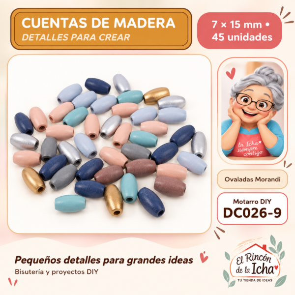 Cuentas de madera – Ovaladas Morandi – 7 × 15 mm – 45 unidades