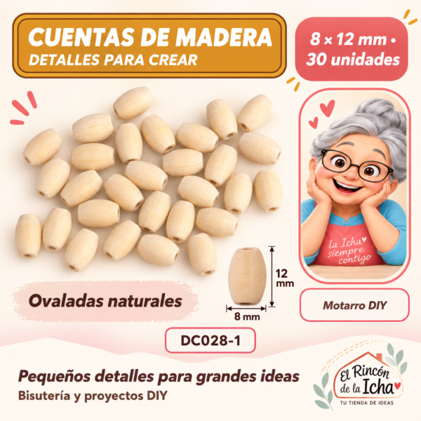 Cuentas de madera natural ovaladas – 8 × 12 mm – 30 unidades