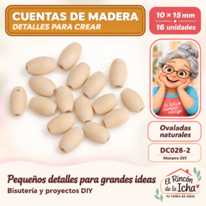 DC028-2 Cuentas de madera natural ovaladas – 10 × 15 mm – 16 unidades