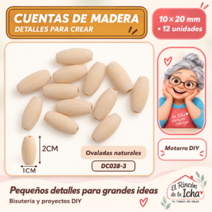 DC028-3 Cuentas de madera natural ovaladas – 10 × 20 mm – 12 unidades