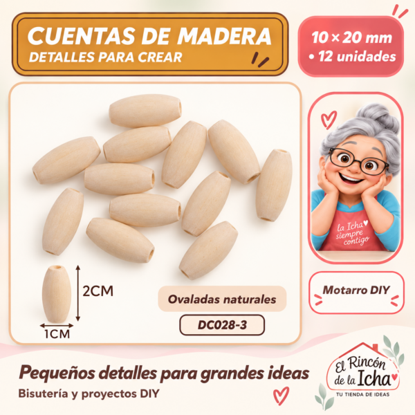 Cuentas de madera natural ovaladas – 10 × 20 mm – 12 unidades