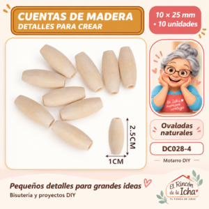 DC028-4 Cuentas de madera natural ovaladas – 10 × 25 mm – 10 unidades
