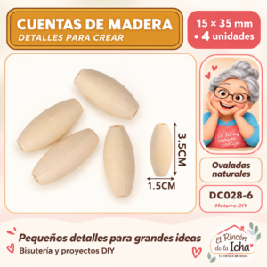 DC028-6 Cuentas de madera natural ovaladas – 15 × 35 mm – 4 unidades