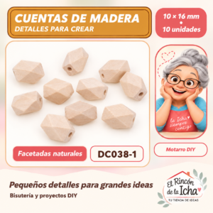 DC038-1 Cuentas de madera natural facetadas – 10 × 16 mm – 10 unidades
