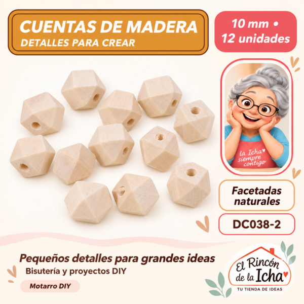 Cuentas de madera natural facetadas – 10 mm – 12 unidades
