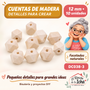 DC038-3 Cuentas de madera natural facetadas – 12 mm – 10 unidades