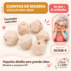 DC038-5 Cuentas de madera natural facetadas – 16 mm – 6 unidades