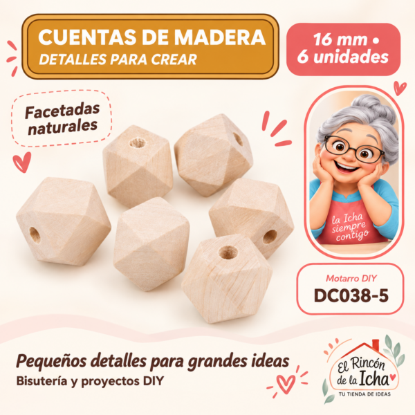 Cuentas de madera natural facetadas – 16 mm – 6 unidades