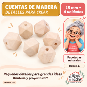 DC038-6 Cuentas de madera natural facetadas – 18 mm – 6 unidades