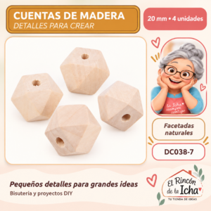 DC038-7 Cuentas de madera natural facetadas – 20 mm – 4 unidades