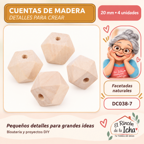 Cuentas de madera natural facetadas – 20 mm – 4 unidades