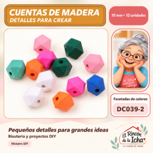 DC039-2 Cuentas de madera facetadas de colores – 10 mm – 12 unidades