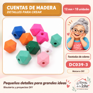 DC039-3 Cuentas de madera facetadas de colores – 12 mm – 10 unidades