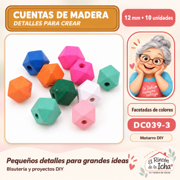 Cuentas de madera facetadas de colores – 12 mm – 10 unidades