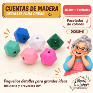 DC039-5 Cuentas de madera facetadas de colores – 16 mm – 6 unidades