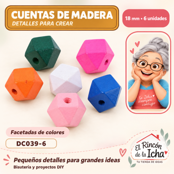 Cuentas de madera facetadas de colores – 18 mm – 6 unidades