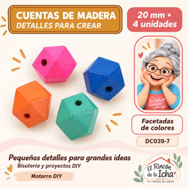 Cuentas de madera facetadas de colores – 20 mm – 4 unidades