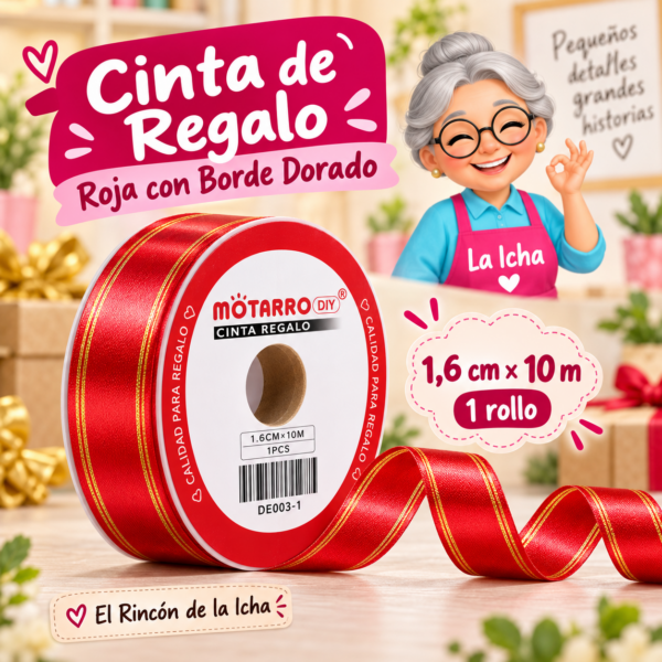 Cinta de Regalo Roja con Borde Dorado 1,6 cm x 10 m
