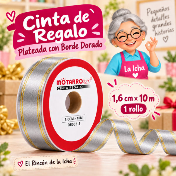 Cinta de Regalo Plateada con Borde Dorado 1,6 cm x 10 m