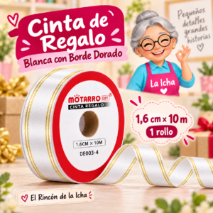 Cinta de Regalo Blanca con Borde Dorado 1,6 cm x 10 m
