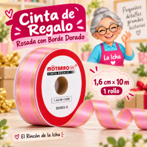 Cinta de Regalo Rosada con Borde Dorado 1,6 cm x 10 m