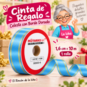 DE003-6 Cinta de Regalo Celeste con Borde Dorado 1,6 cm x 10 m