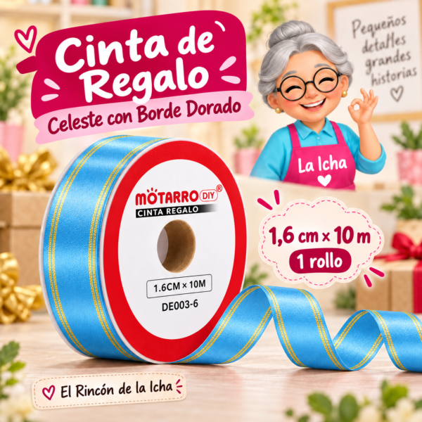 Cinta de Regalo Celeste con Borde Dorado 1,6 cm x 10 m