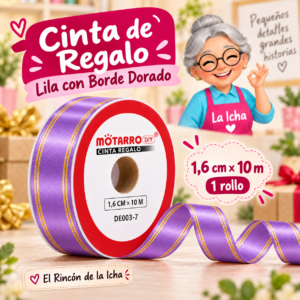 DE003-7 Cinta de Regalo Lila con Borde Dorado 1,6 cm x 10 m