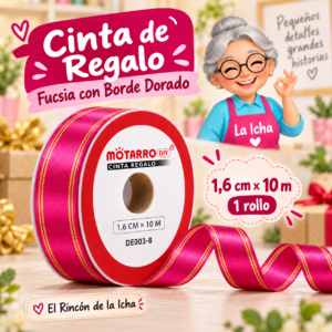 DE003-8 Cinta de Regalo Fucsia con Borde Dorado 1,6 cm x 10 m