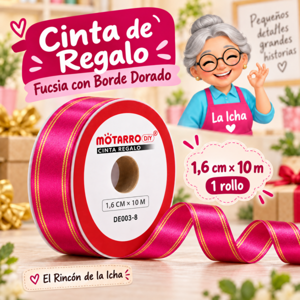 Cinta de Regalo Fucsia con Borde Dorado 1,6 cm x 10 m