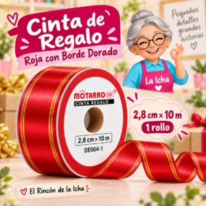 DE004-1 Cinta de Regalo Roja con Borde Dorado 2,8 cm x 10 m