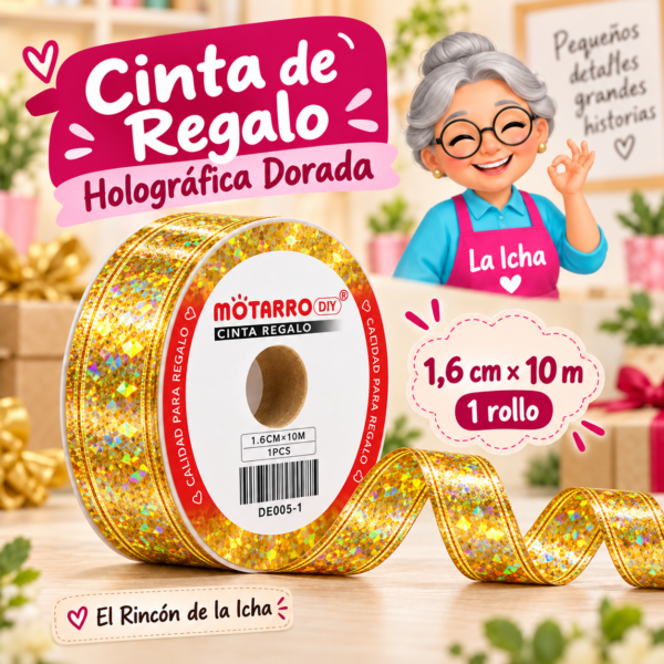 DE005-1 Cinta de Regalo Holográfica Dorada 1,6 cm x 10 m