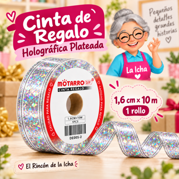 DE005-2 Cinta de Regalo Holográfica Plateada 1,6 cm x 10 m