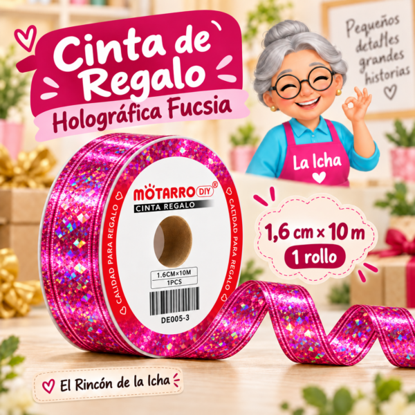 DE005-3 Cinta de Regalo Holográfica Fucsia 1,6 cm x 10 m